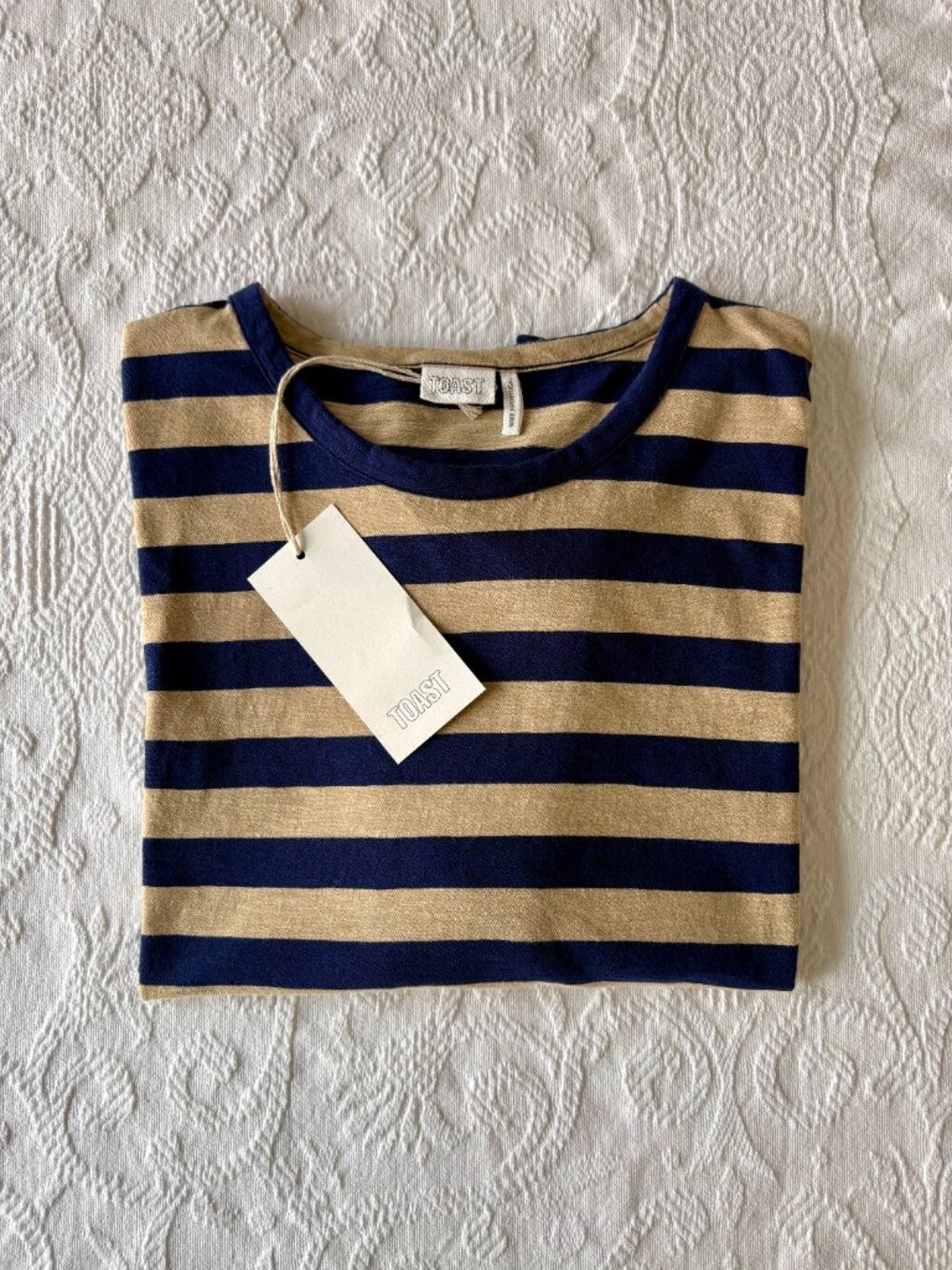 Toast Bold Stripe Cotton Boxy Tee in Blue/Sand - Sz. Small - Brand New with Tags - Picture 13 of 13